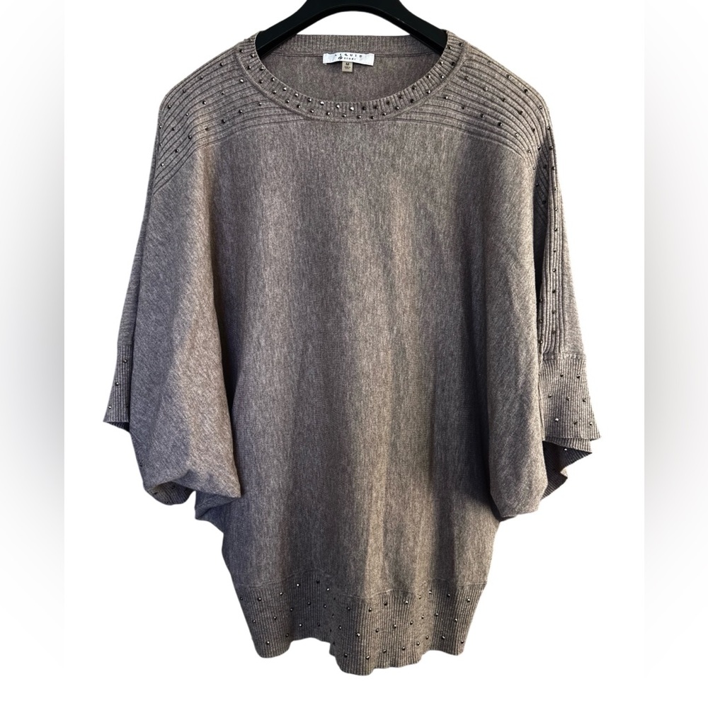 Liquid by Sioni Rhinestone Dolman Sweater Metallic Taupe Batwing Knit Size M